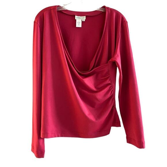 Blouse top shirt bright red long sleeve wrap front V-neck sheared side, medium
C - Picture 2 of 7